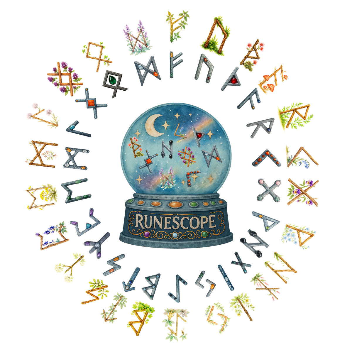 Runescope crystal ball with all the birth and fate runes surrounding it