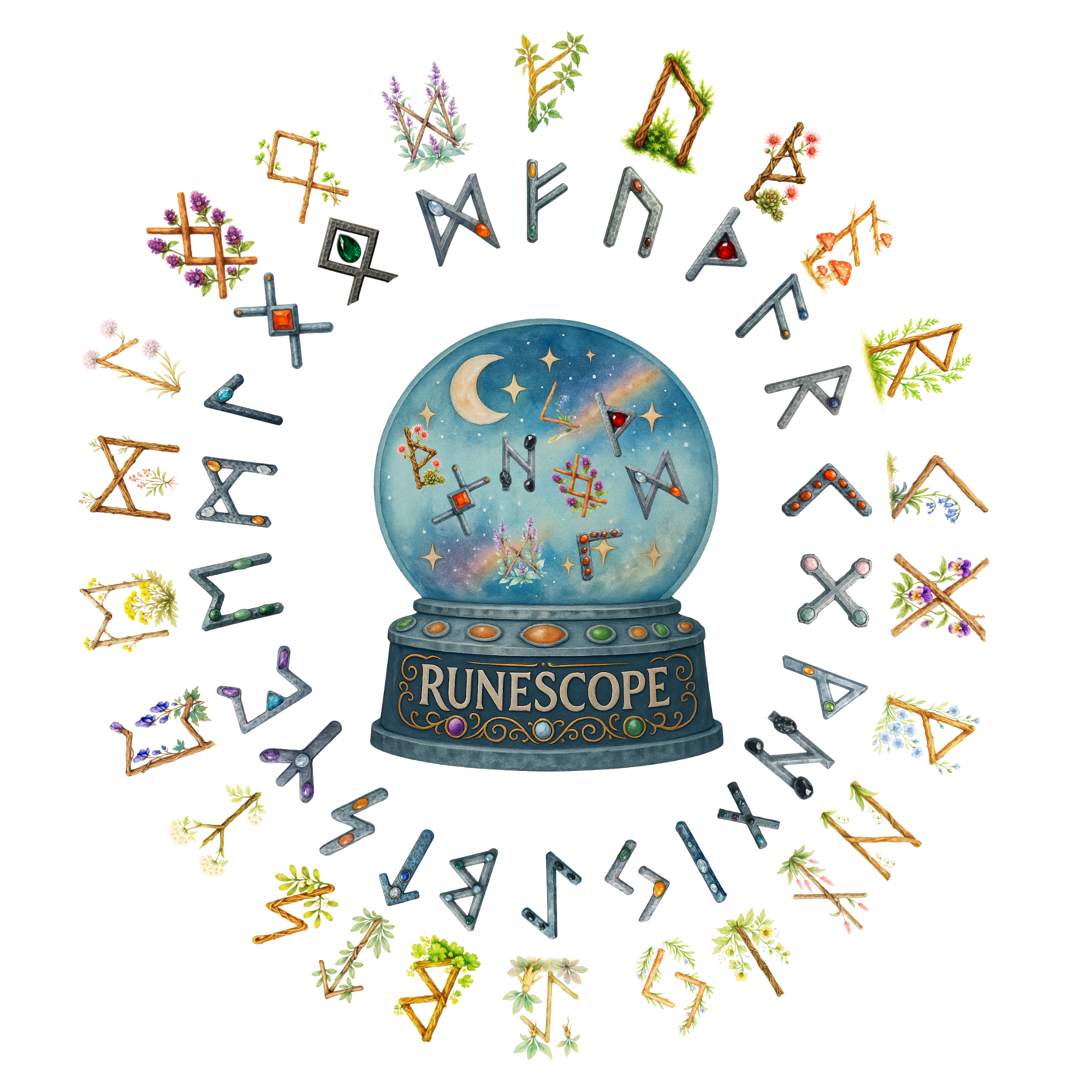 Runescope crystal ball with all the birth and fate runes surrounding it
