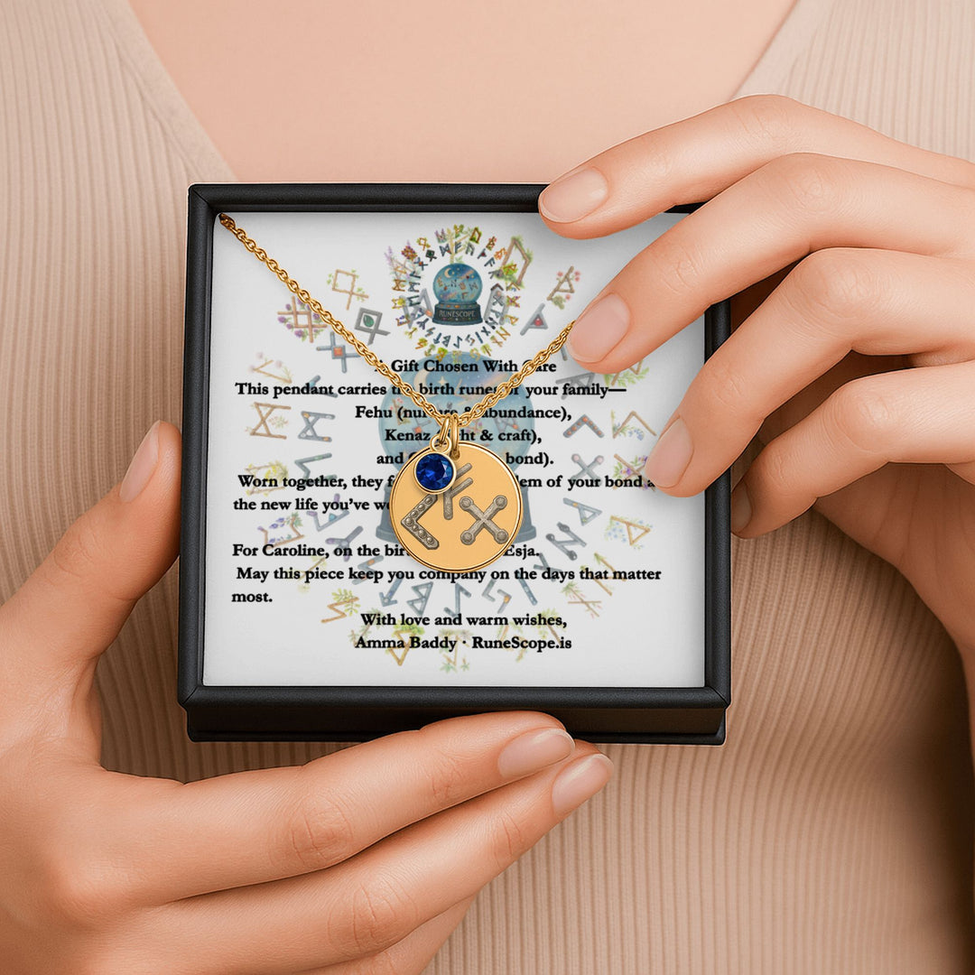 Birth Rune Trio - Family Coin Necklace With Birthstone